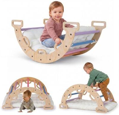 Costway Wooden Rocking Climbing Arch with Cushion 3-in-1 Montessori Kids Climber Rocker-Multicolor