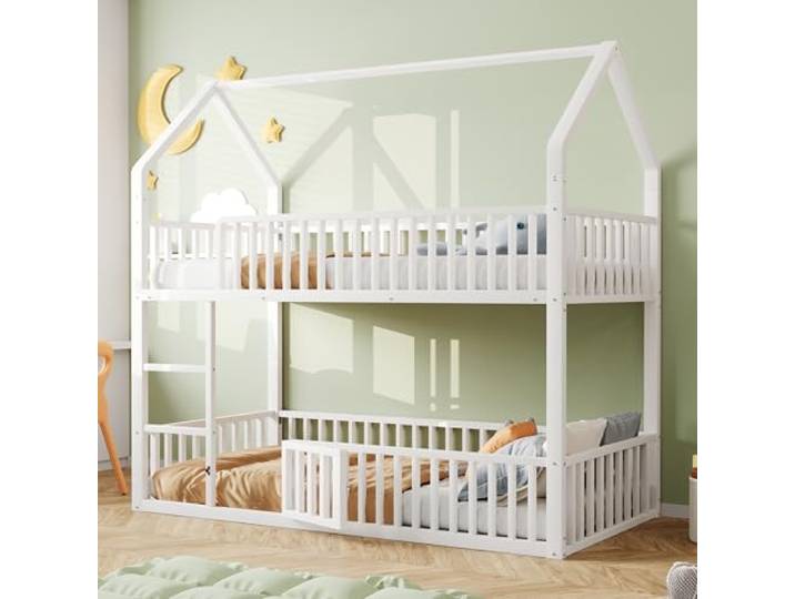 Merax Kinder-Etagenbett 90x200 cm, Metall-Hochbett mit Treppe, Hausform Rahmen, unteres Bett mit Tür zum Öffnen und Schließen, Weiß (ohne Matratze)