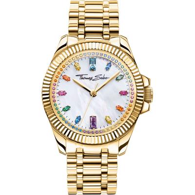 Quarzuhr THOMAS SABO "DIVINE RAINBOW", gold (goldfarben), Armbanduhren, Damen, Quarzuhr, Armbanduhr, Damenuhr, Zirkonia, Aquamarin, Amethyst, Edelstahlarmband