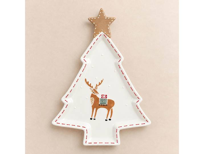 Steingutschale in Form eines Weihnachtsbaums mit mehrfarbigem Rentiermotiv