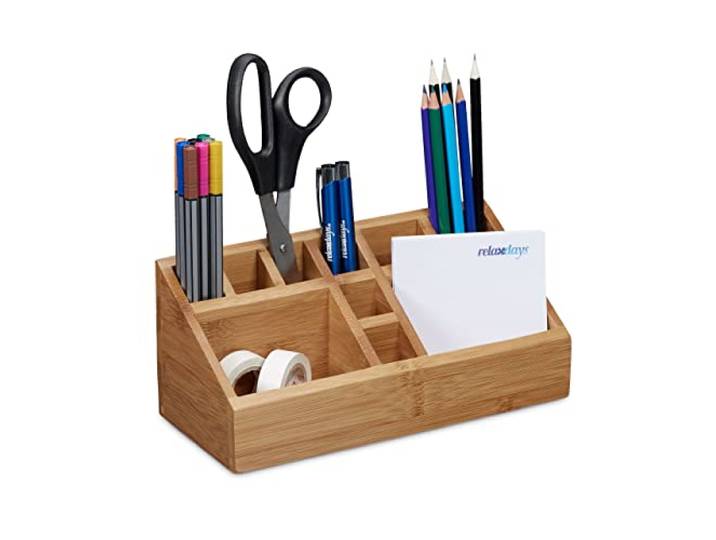 Relaxdays 10020248 Organiseur de bureau bambou 10 compartiments distributeur fournitures bureau HxlxP: 10 x 23 x 10 cm\, nature