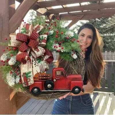 Multisell Products Hub Red Truck Christmas Wreath, Home Wreath Decoration, Christmas Door Hanging Decoration Red Truck Christmas Wreath, Home Wreath Decoration, Christmas Door Hanging Decoration