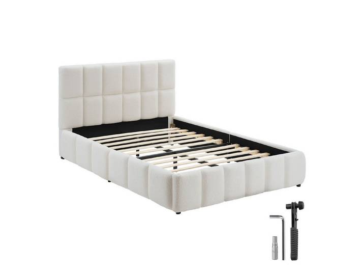 tectake Polsterbett Elegantes teddystoff-bett mit integrierter lattenrostauflage (Polsterbett günstig Shirley, in Teddy creme), stabiles Gestell aus Holz und pulverbeschichtetem Stahl