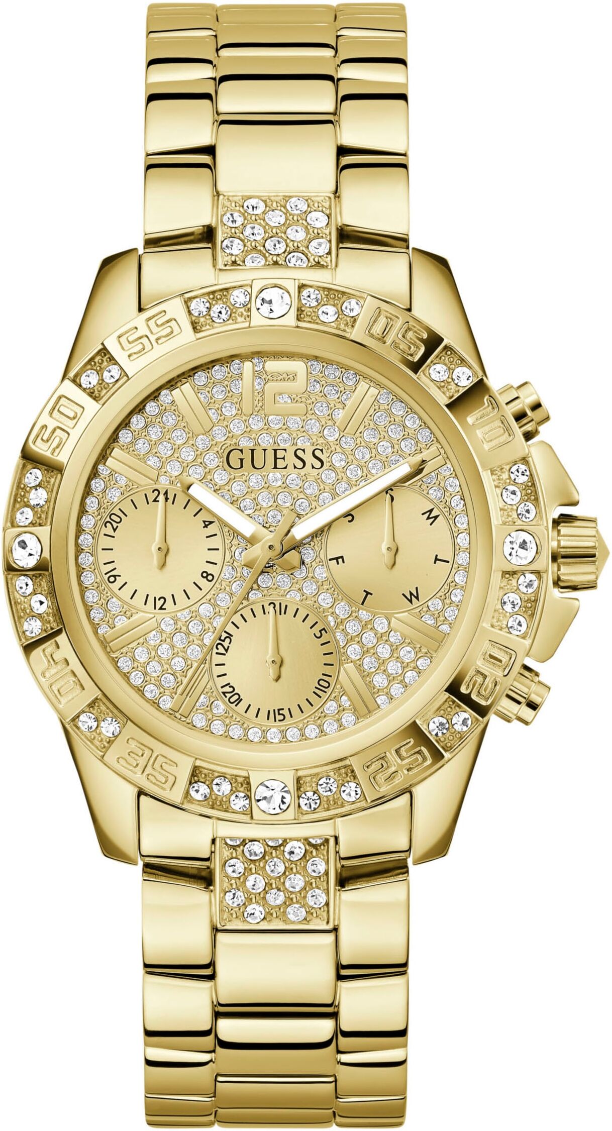 Multifunktionsuhr GUESS "MAJESTY", gold (gelbgoldfarben, champagnerfarben), Armbanduhren, Damen, gelbgoldfarben, Multifunktionsuhr, Quarzuhr, Armbanduhr, Damenuhr, Datum, Edelstahlarmband