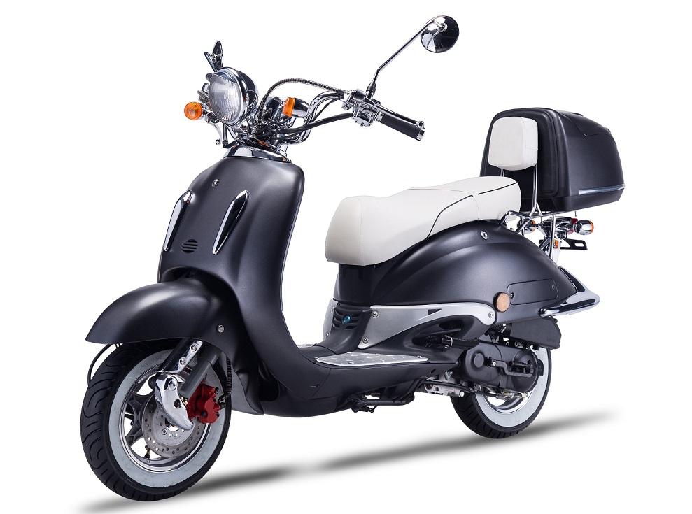 Motorroller Strada mit Top Case 50ccm 25km/h, Euro 5, mattschwarz, Sitzbank weiß, GT Union