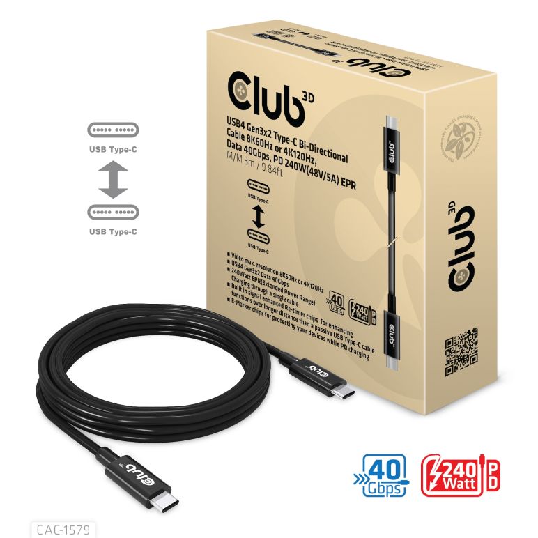 Club3D Club 3D USB4 Gen3x2 Type-C Bi-Direktionale Kabel 3m CAC-1579