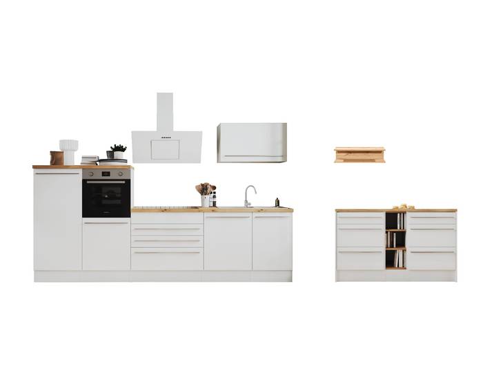 Küchenzeile, Holzwerkstoff, Weiß Hochglanz & Wildeiche Nachbildung, 320×200×60 cm, Mit E-Geräten, Modern, RESPEKTA