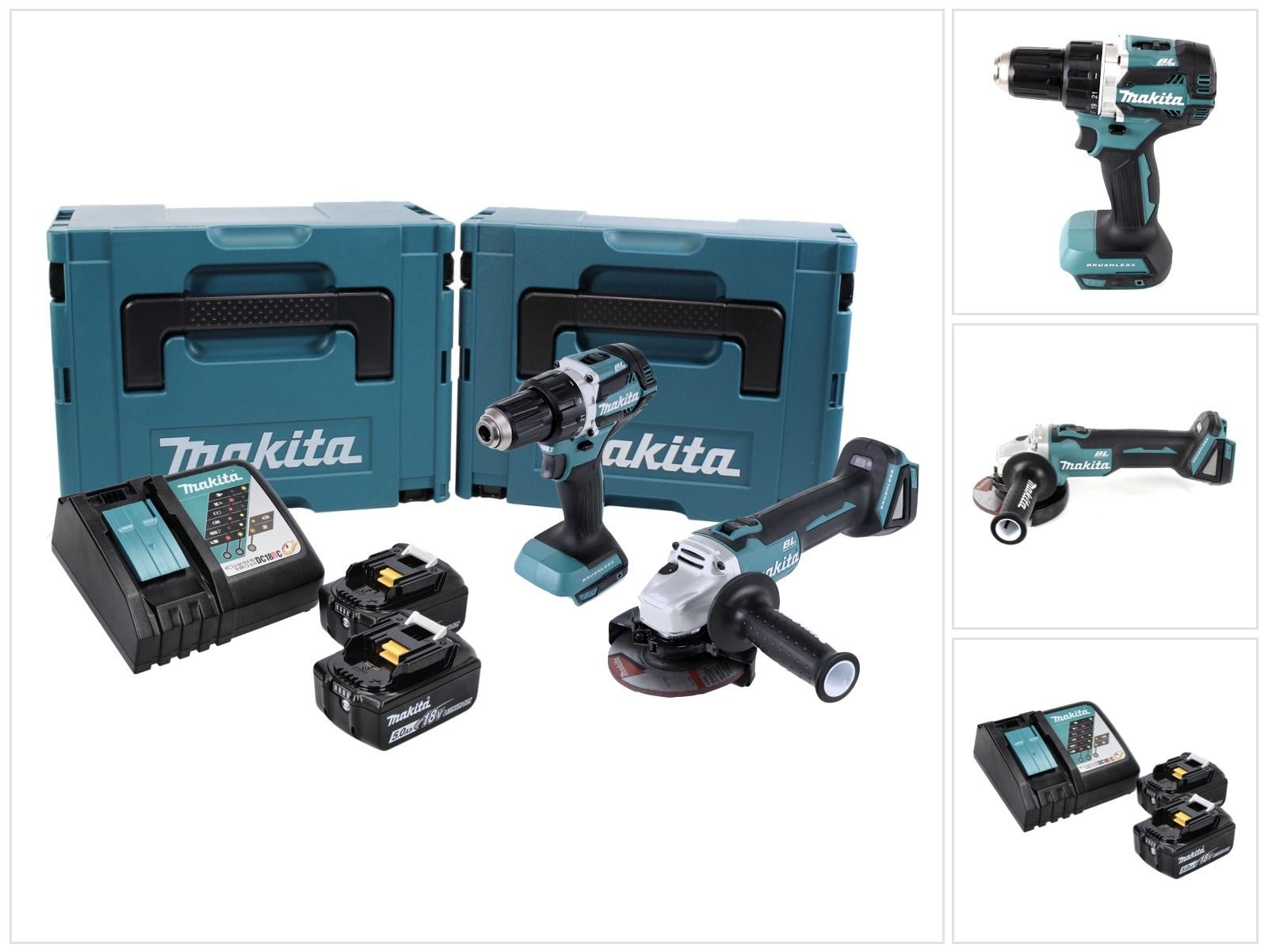 Makita DLX 2190 TJ1 accu combiset met DDF 484 accuboormachine, DGA 504 accu haakse slijper, 2x 5.0 Ah accu en lader met 2x Makpac