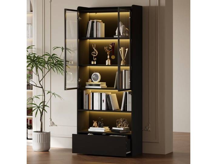 Vitrine noire 80x34x180cm armoire haute avec LED 1 tiroir portes vitrées compartiment ouvert meuble salon décoratif sur pieds