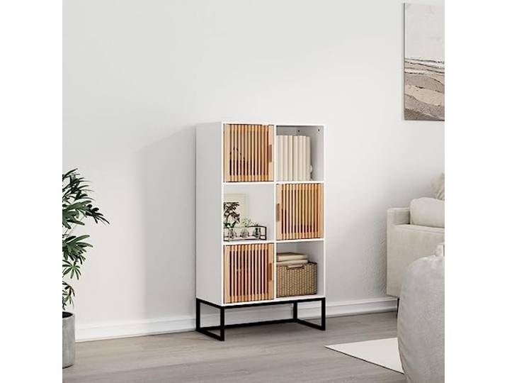 KGHFDVB Highboard Weiß 70x35x125 cm Holzwerkstoff 3 Türen, 3 Fächer, Kiefernholztüren, Eisenfüße, Skandinavisches Design