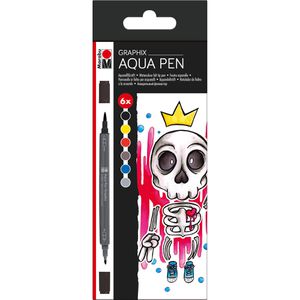 Marabu Aquarellstifte Aqua Pen Graphix, King Bubblegum, farbig sortiert, Pinsel- und Rundspitze, 6 Stück