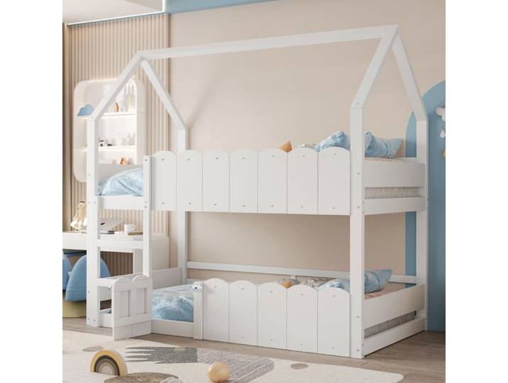 Lit superposé - ZEVKOR - Cabane - 90×200 cm - Bois blanc - Avec échelle
