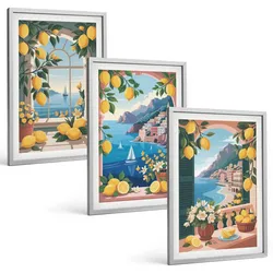 BILDER SET 3er Set - 40x60 cm Silberner Rahmen - Meerblick, italienische Zitronen