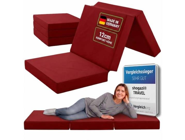 SHOGAZI Klappmatratze 100x190 x 12 cm, Gästematratze klappbar Made in Germany, Faltmatratze VERGLEICHSSIEGER, ultimativer Schlafkomfort, Orthopädischer Kaltschaum - Weinrot