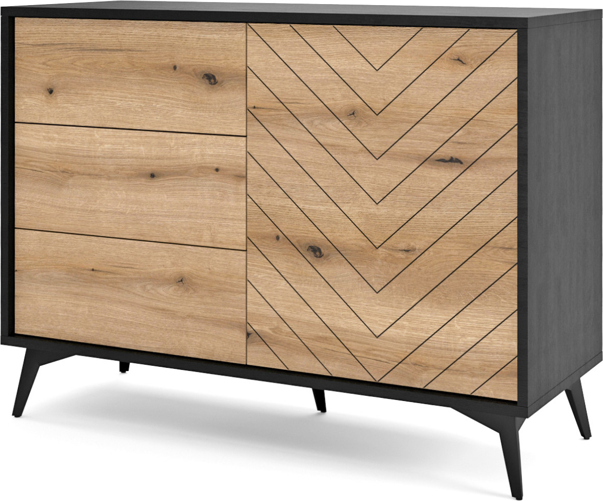 Minio Kommode met laden model 104 Diamond zwart en Evoke eikenhout