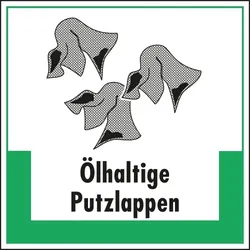 Aufkleber I Abfallkennzeichen Ölhaltige Putzlappen, Symbol und Text, Folie, selbstklebend, 200x200mm