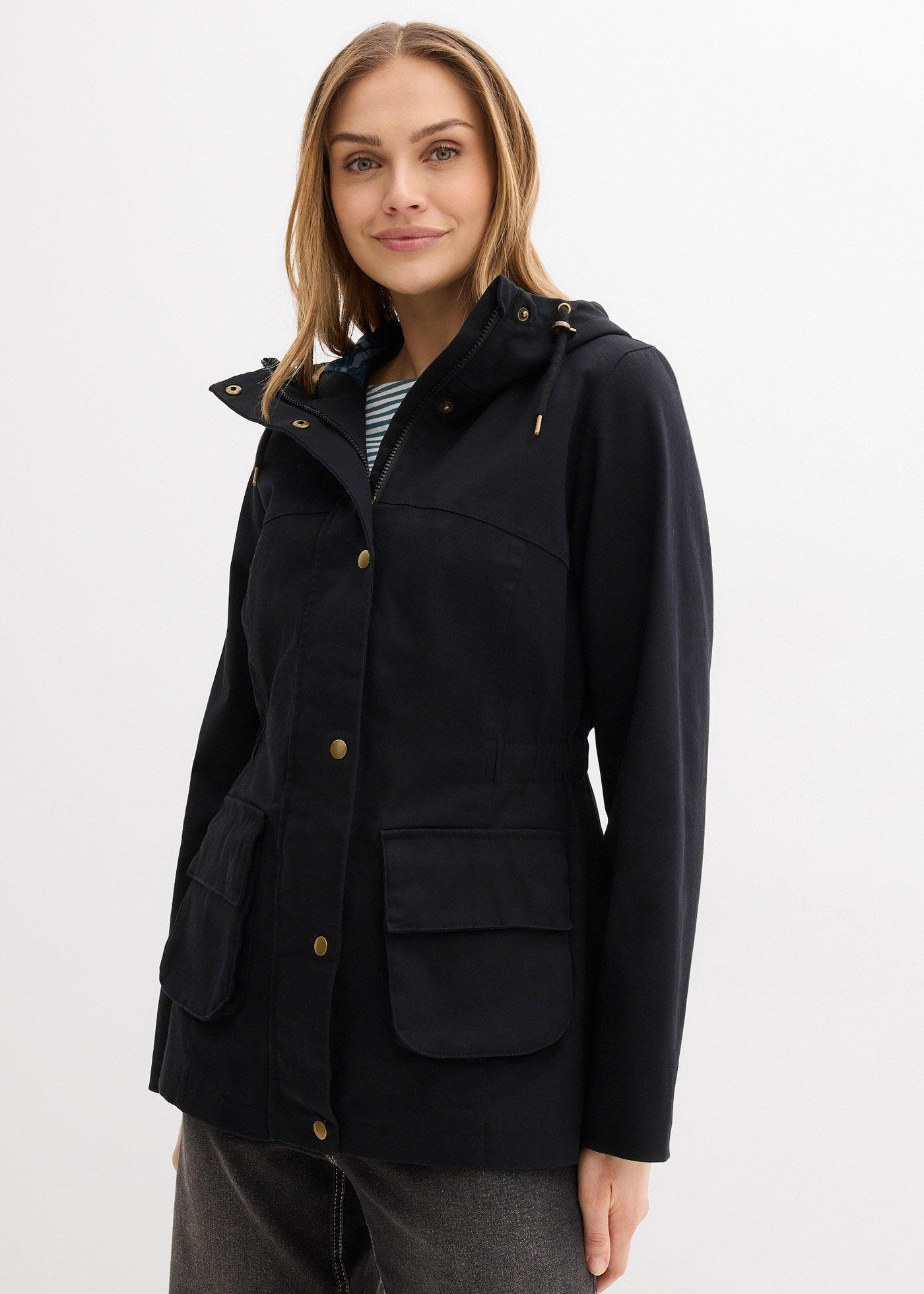 bonprix wasserabweisende Jacke mit Karo-Futter, schwarz, Gr.46, leichte Jacke mit kariertem Futter, 97% Baumwolle