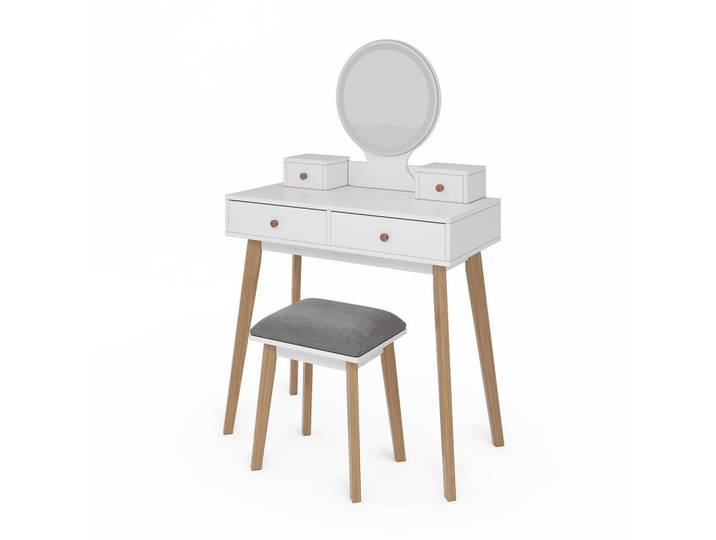 Vicco Schminktisch Finya, Weiß, 80 cm mit LED-Spiegel und Hocker, 1 Fächer, 4 Schubladen, Rechteckig,Rechteckig, 80x127.5x41 cm, Schlafzimmer, Schminktische