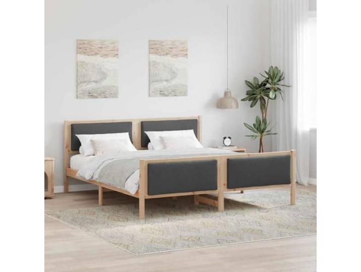 Kiefernholz Modern Stil Bettgestell dunkelgrau Stoff 200 x 200 cm Bettrahmen mit Kopfteil Dunkelgrau 200x200 cm Stoff Polsterbett Holzlattenrost Stauraum Modernes Design