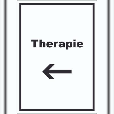 HB-Druck Therapie Aufkleber mit Text und Richtungspfeil links Raum Behandlung hochkant A9 (37x52mm)