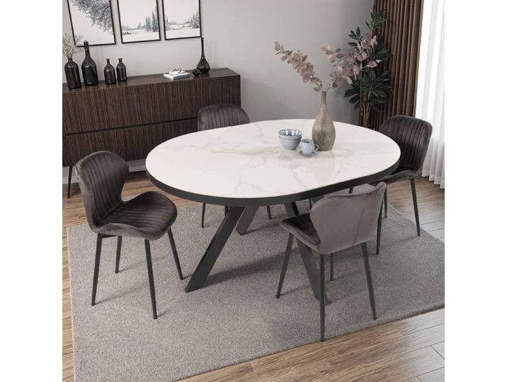 Ensemble table ovale céramique + 4 chaises en velours gris