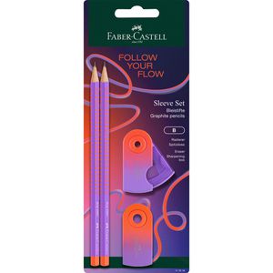 Faber-Castell Schreibset Grip Sleeve Set Punchy Melon 4-teilig, Bleistift Härte B, Radiergummi und Spitzer