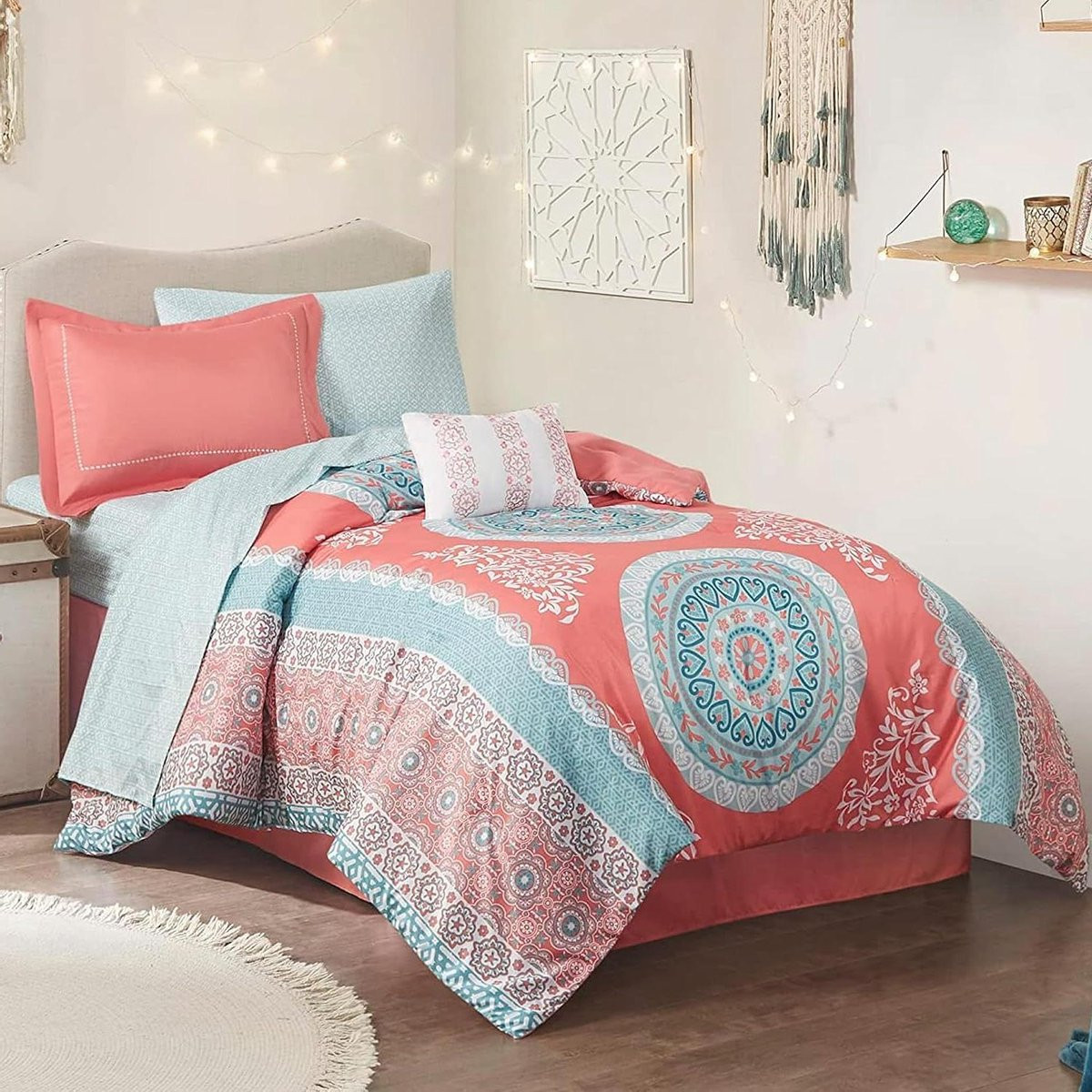 Beddengoed Set met Bohemian Medaillon Print, Dekbedovertrek en Hoeslakens, Twin XL, Koraal