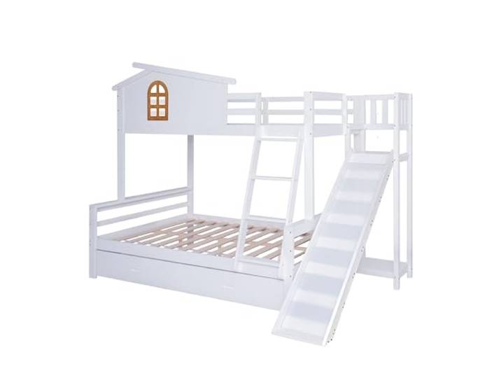 xixiworkshop Etagenbett mit charakteristischen Fenstern und vierstufiger Kipptreppe, Kinder und Mutterbett mit mit Rutsche, mit Zwei Schubladen, Bettrahmen aus Massivholz, Weiß, 90x200 & 120x200cm