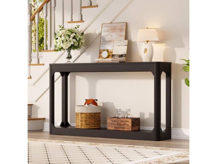WOVREO Table console 140 x 30 x 79 cm avec rangement ouvert 2 niveaux MDF noir pour entrée ou derrière canapé