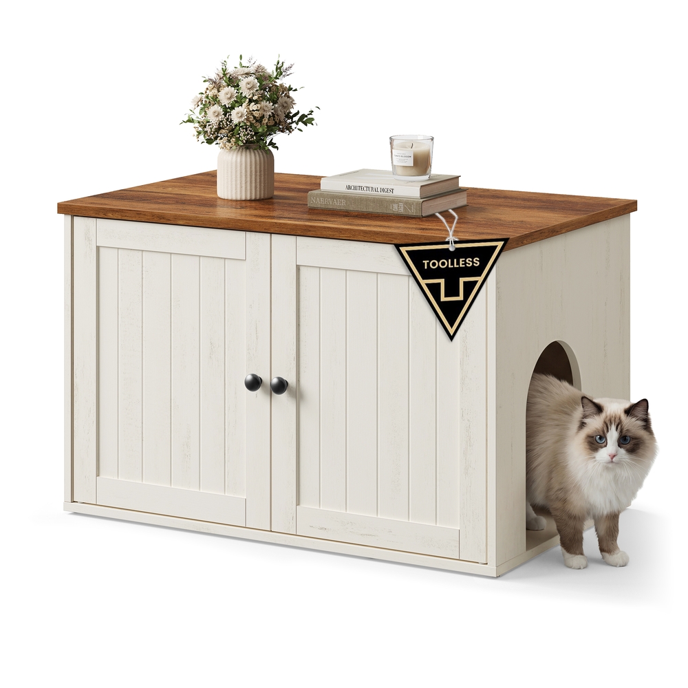 SONGMICS HOME Katzenklo-Schrank Katzenschrank Push-to-Open Türen vintageweiß-honigbraun PCL233WJ05