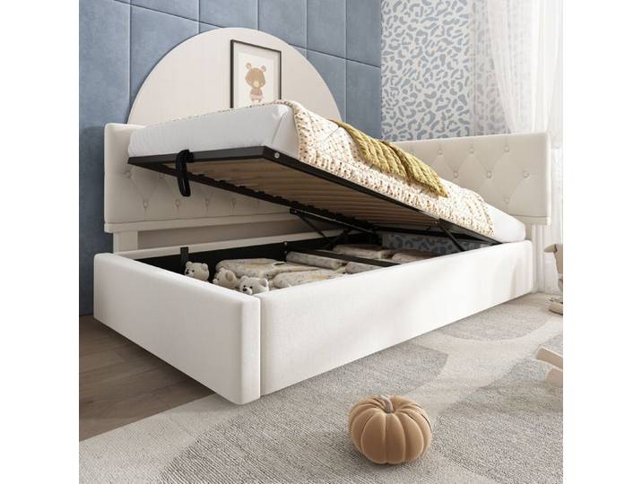 Lit coffre - ZEVKOR - Lit Coffre 1 Place - 90×200 cm - Velours beige - Rangement hydraulique
