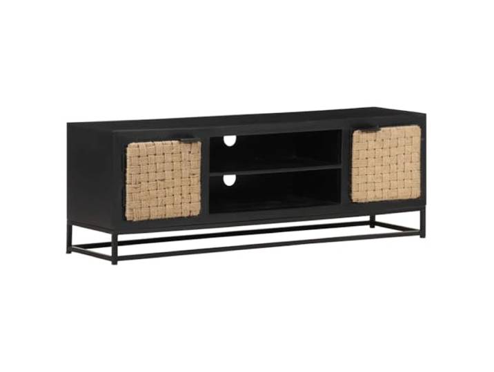 HEFZGDB TV-Schrank 120x30x40 cm Massivholz Mango Industrie Design mit Jute Tür und Eisengestell, Stabiler Fernsehschrank mit Zwei Türen und Zwei Fächern, Langlebiges Wohnzimmermöbel