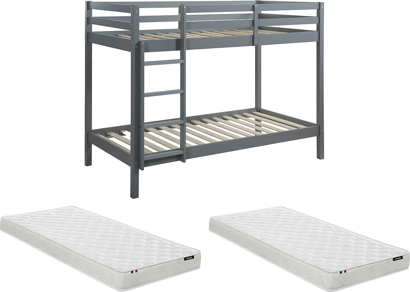 Etagenbett mit Matratzen - 2x 90 x 190 cm - Kiefer massiv - Grau - ANICET II