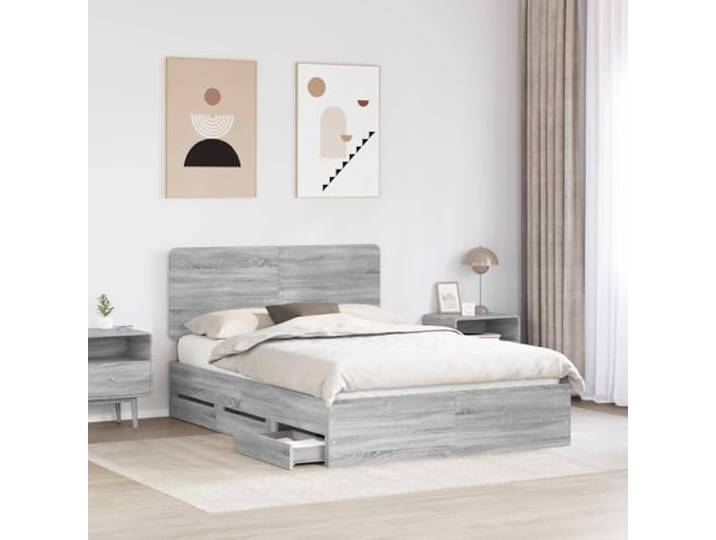 KTHLBRH Bettgestell mit Schubladen, Sonoma-Grau, 140 x 200 cm Technisches Holz, 6 Schubladen, Kopfteil inklusive, Kapazität 200 kg