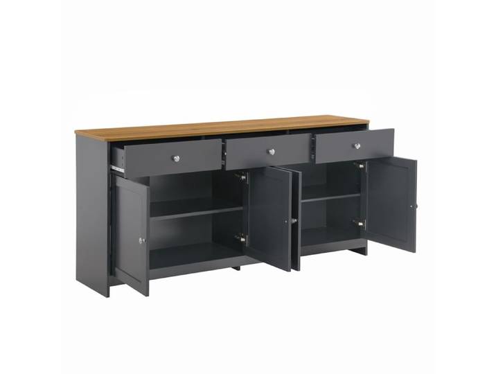 ULEVR Buffet bas rectangulaire style campagne 160 cm - 4 portes 3 tiroirs étagères réglables noir et gris MDF