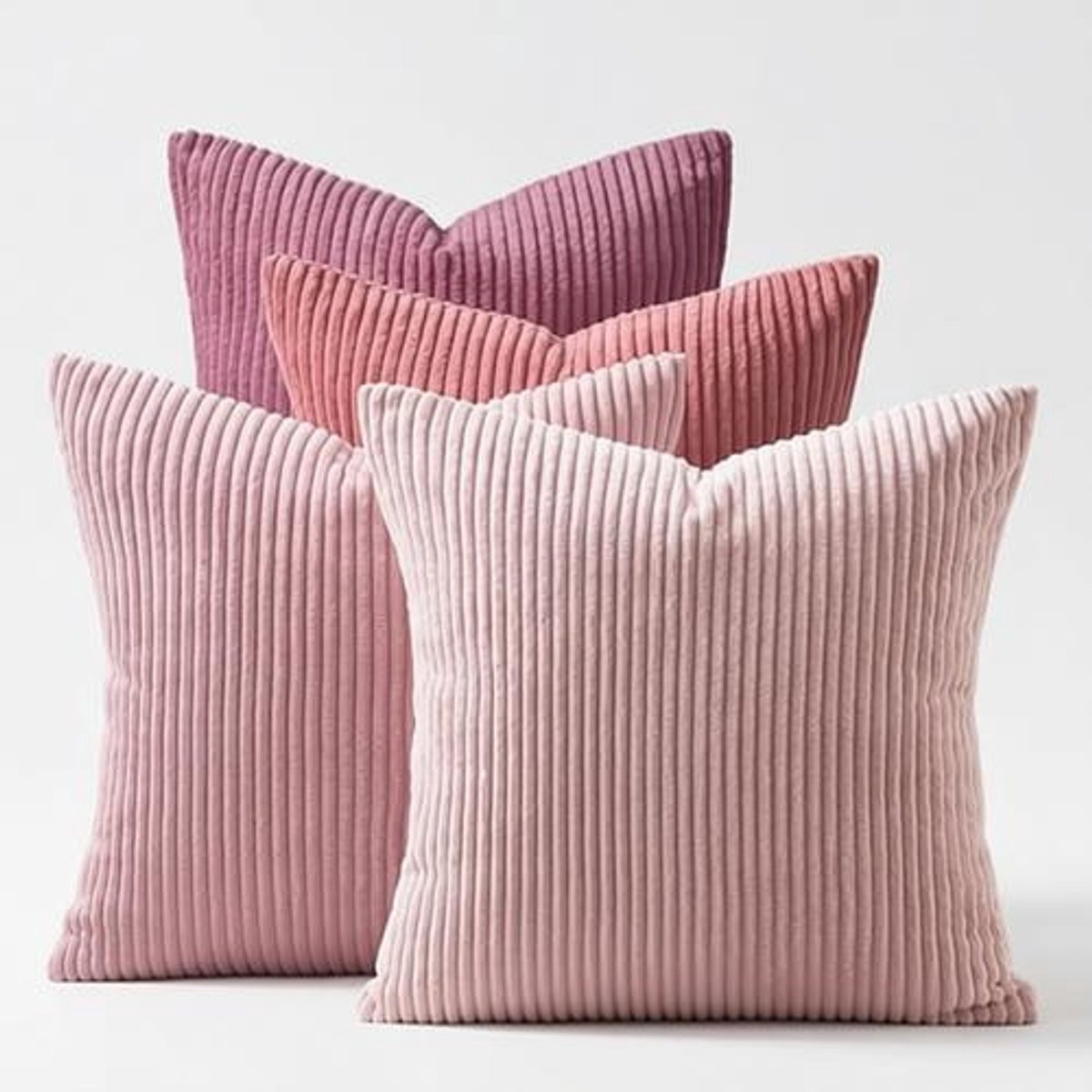 Set van 4 ribfluwelen kussenhoezen Ayona, roze kleurverloop gestreept, 40 x 40 cm