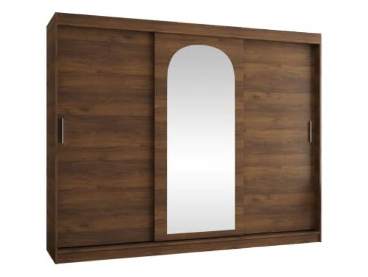 Mirjan24 Kleiderschrank Samker 250, 3-türiger Schiebetürenschrank mit Einlegeböden und 2 Kleiderstangen (Nuss Warmia, mit Schubladen)