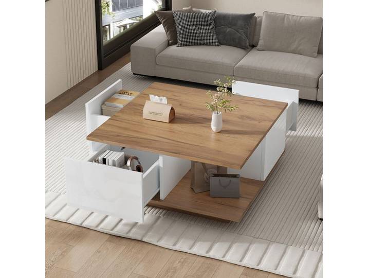 Table basse 70x70x31.5 cm 3 tiroirs géométrique bois blanc