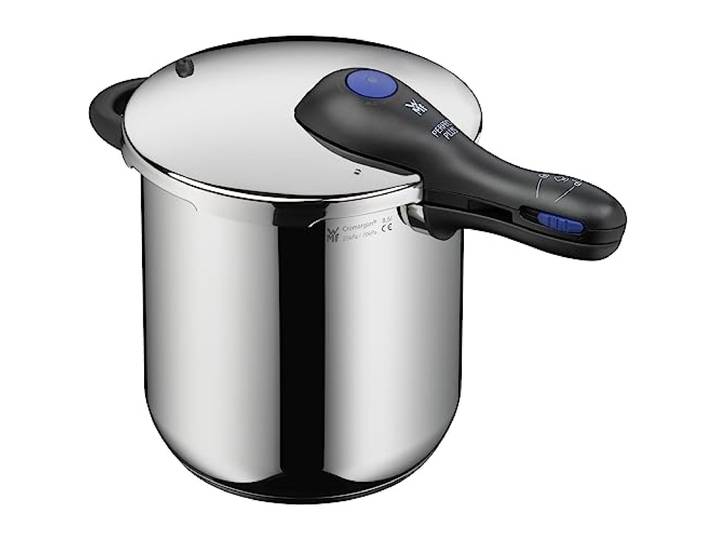 WMF Perfect Plus One Pot Schnellkochtopf Induktion 8,5l, Dampfkochtopf mit Flammschutz, großes Kochsignal, 2 Kochstufen, abnehmbarer Deckelgriff, Einhand-Kochstufenregler, Cromargan Edelstahl poliert