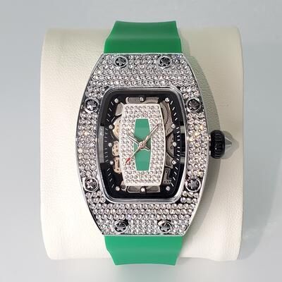 Fashion Sheath Elegant Tonneau Watch For Women Featuring Dazzling Iced Out Watch Details And A Comfortable Rubber Strap Watch Design. silver Green