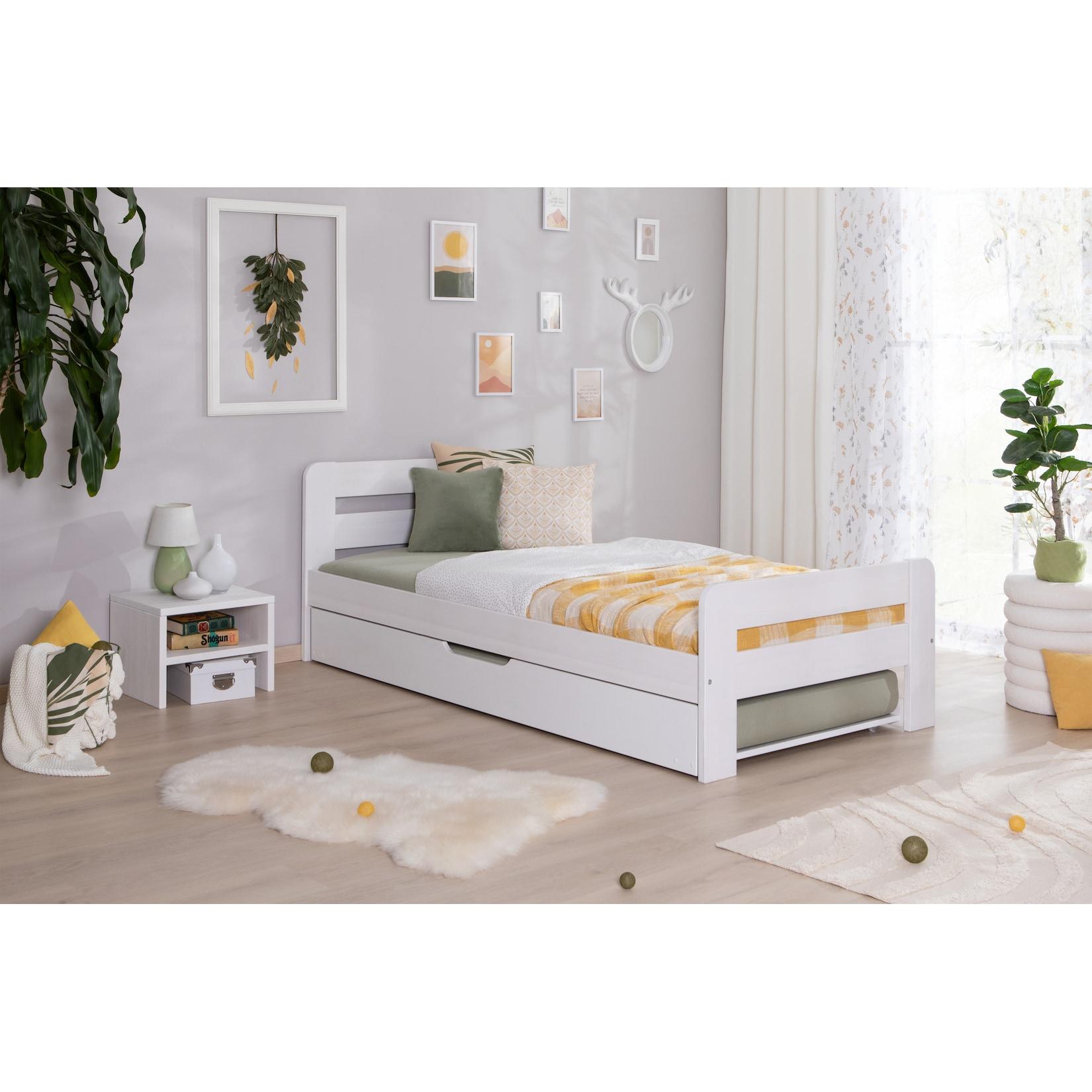 TiCAA Einzelbett Doppelbett Bert Kiefer Weiß aus Massivholz