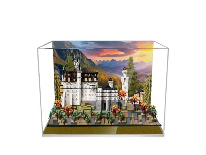 Acryl-Vitrine für Lego 21063 Schloss Neuschwanstein, 3 mm staubdichte Schaukasten, Vitrine kompatibel mit Lego 21063 (Modell nicht im Lieferumfang enthalten) (Hintergrund 3 mm weißer Sockel)