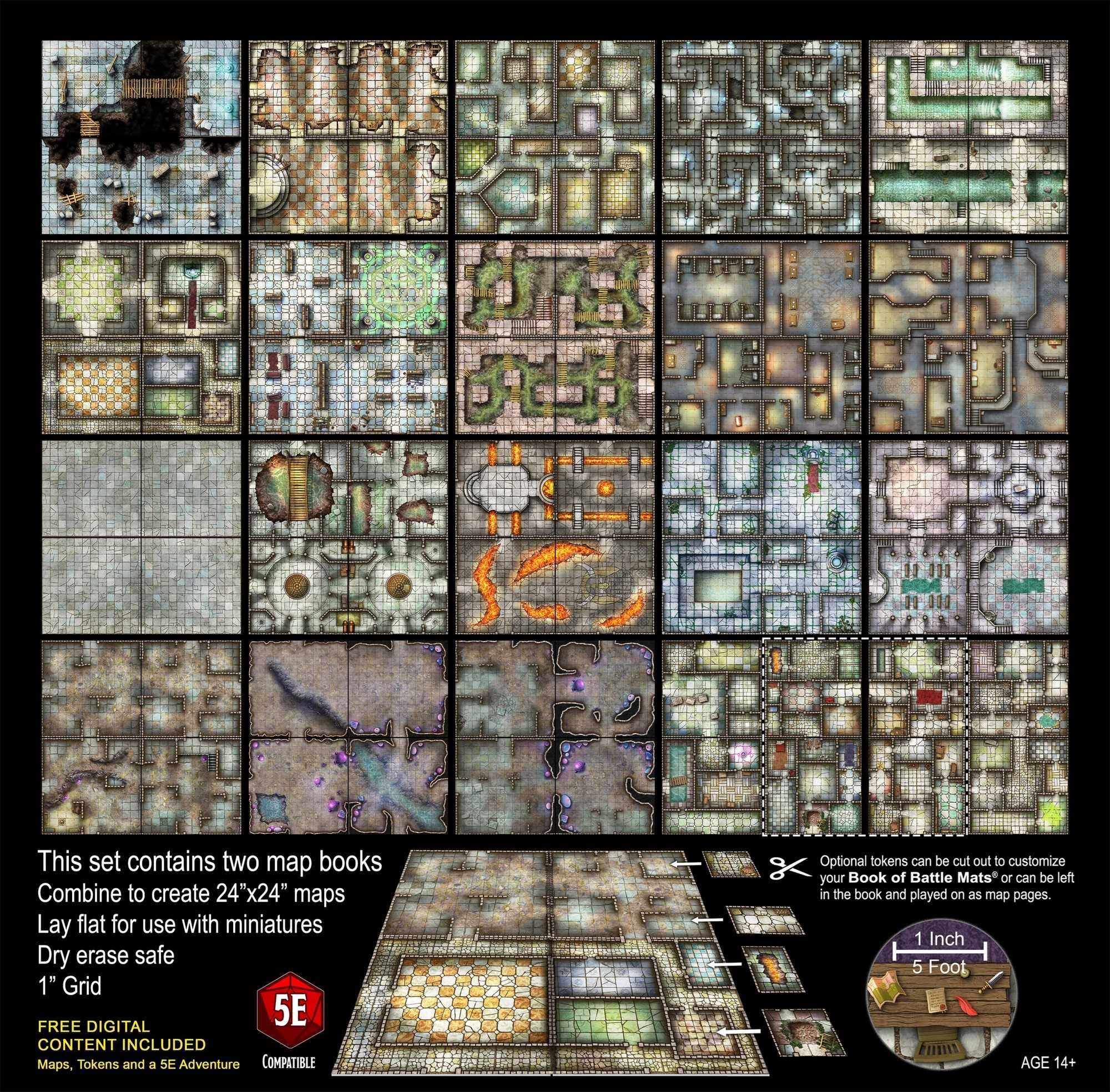 The Dungeon Reignited by Loke Battlemats - 2 Wire-Bound Battle-Map Books with Dungeon Layouts for Tabletop RPG Sessions