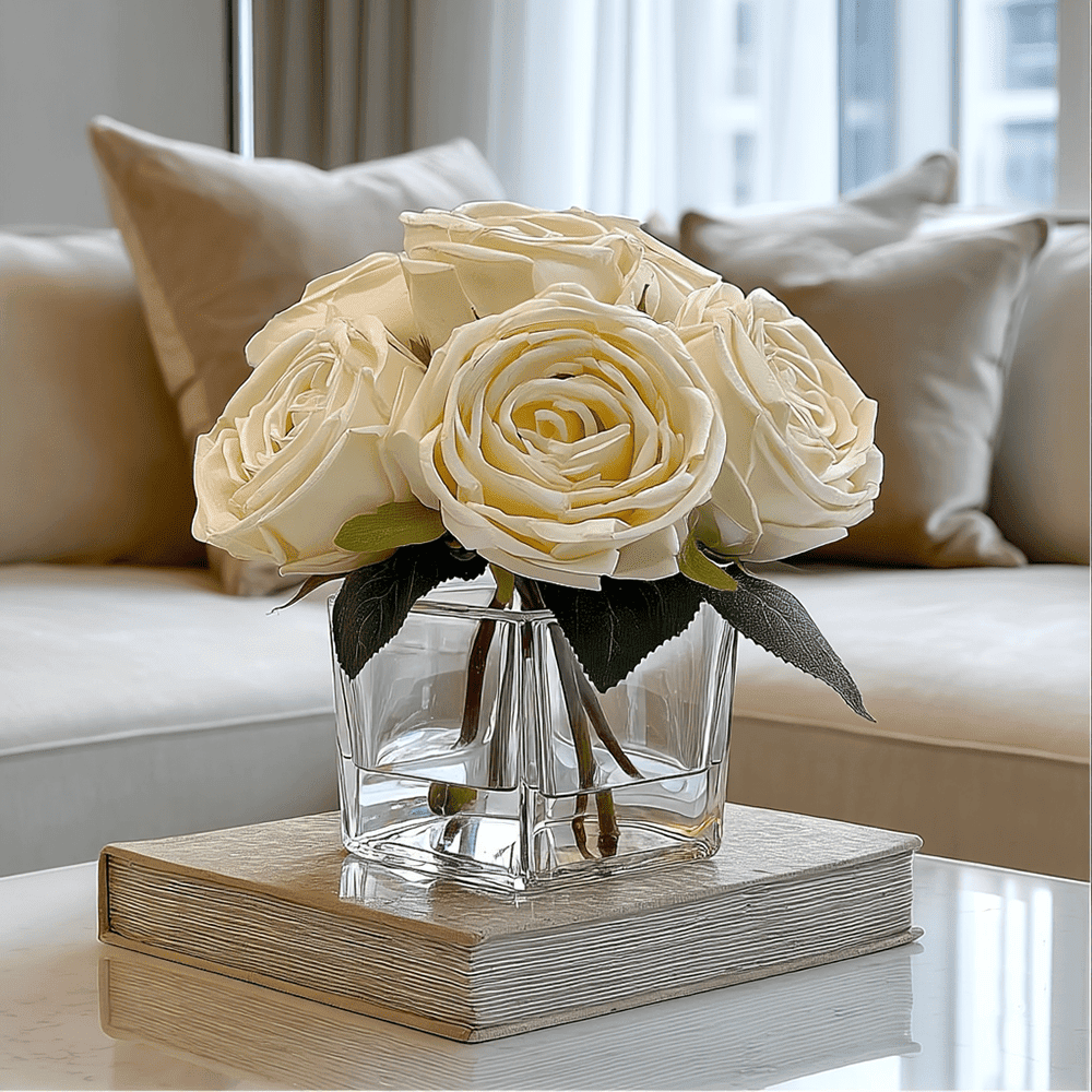 Faux Cream Rose Floral Arrangement in Square Glass Vase