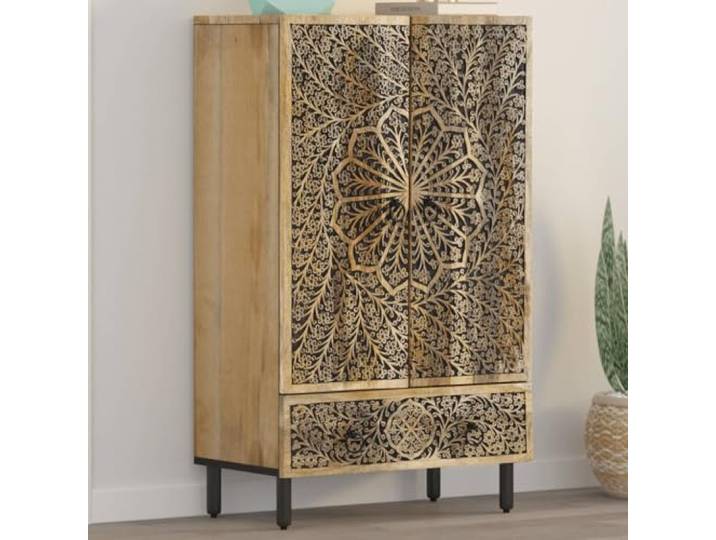 RJPLMFV Anrichte, 60 x 33 x 100 cm, Mangoholz, massiv Robuste Eisenbeine, praktische Türen, handgeschnitzte Blumenmotive, Retro-Stil