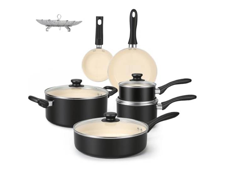Amazon Basics 11-teiliges Kochgeschirr-Set mit Töpfen und Pfannen aus Keramik, antihaftbeschichtet, Schwarz/Creme