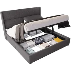 OKWISH Polsterbett 180x200 mit verstellbaren Kopfstützen und Stauraum, Stoffbett mit Lattenrost, hydraulisches Doppelbett, modernes Design Grau
