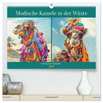 Modische Kamele in der Wüste. Extravagante Highlights (hochwertiger Premium Wandkalender 2027 DIN A2 quer), Kunstdruck in Hochglanz