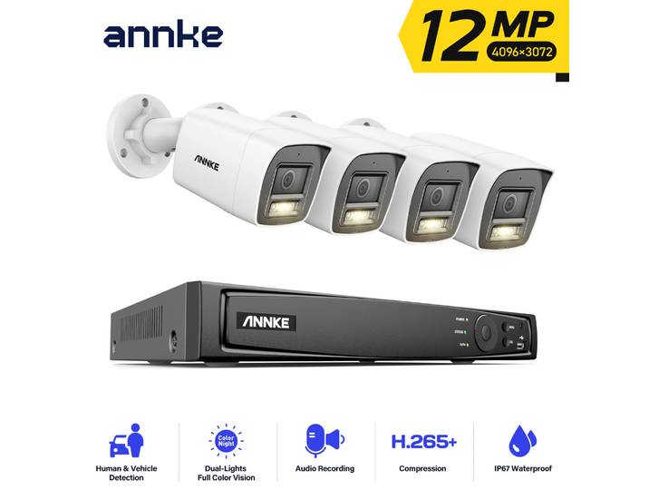 Système de vidéosurveillance ANNKE H1200 12MP POE 8CH NVR 4/8 caméras bullet POE 12MP extérieures avec vision nocturne couleur