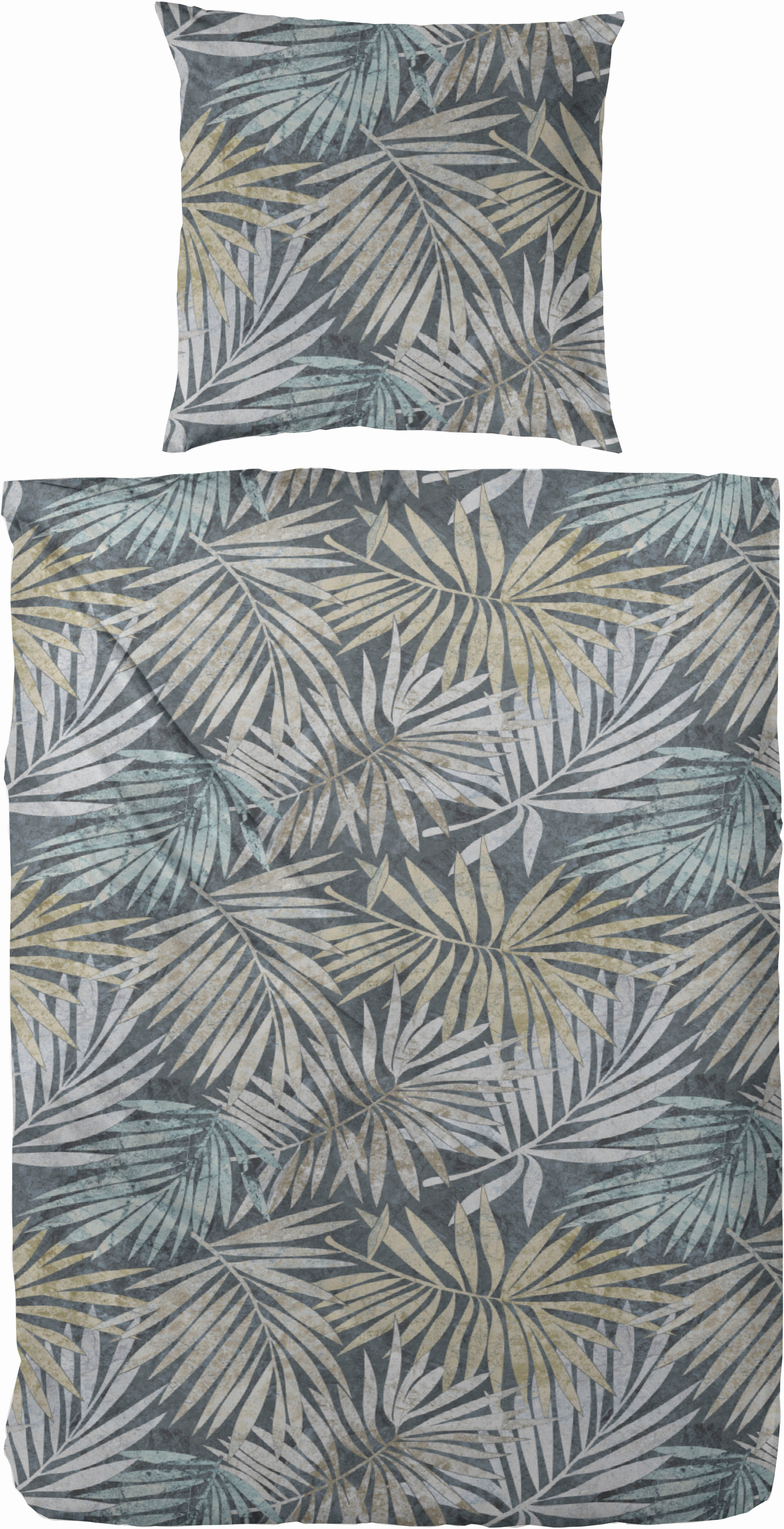 Bettwäsche PRIMERA "Mako-Satin Bettwäsche Palmeral", grün (grün, blau), B/L: 155cm x 220cm, 1 Stk., 1 Stk., Mako-Satin, B/L: 80cm x 80cm, 2 Stk., Mako-Satin, Obermaterial: 100% Baumwolle, Bettwäsche, Bettwäsche, mit beruhigenden Palmenblättern grün, blau 